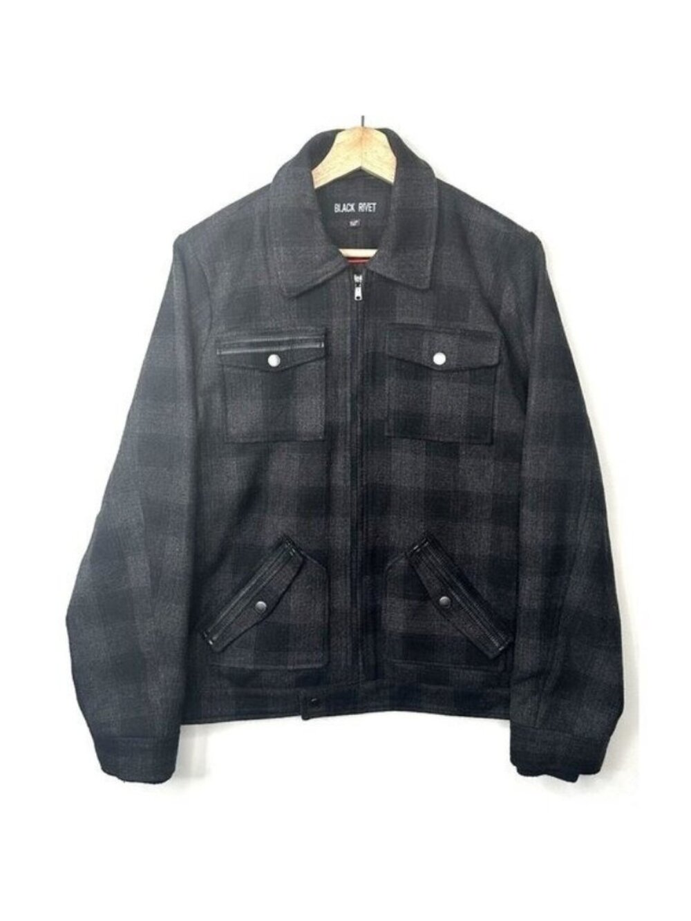 Black Rivet Womens XL Wool Blend Jacket Gray Plaid Full Zip Lined Y2K Coat